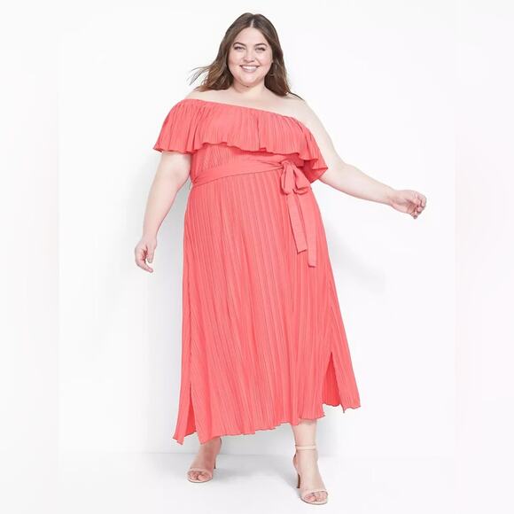 Lane Bryant Convertible Off-The-Shoulder Pleated Midi Dress In Rouge Red 18/20 - Picture 3 of 15